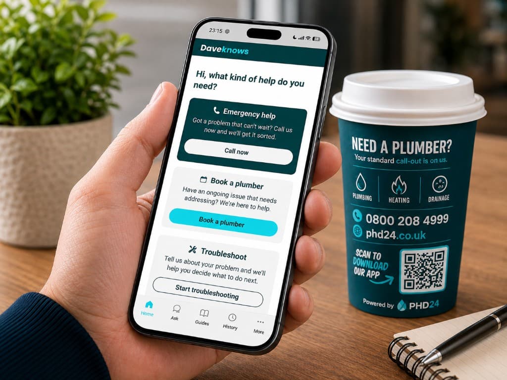 DaveKnows app on a phone beside a PHD24 branded coffee cup